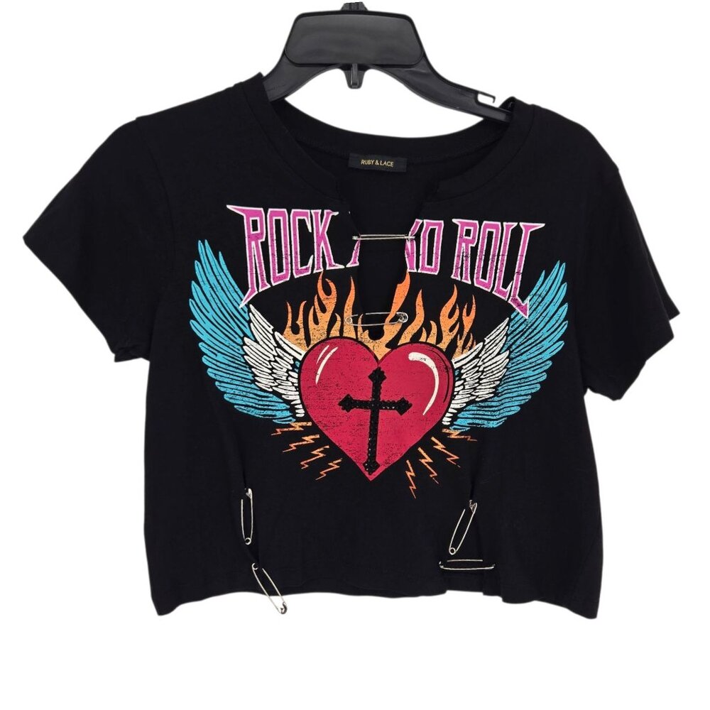 Ruby and lace womens small black rock and roll thrashed short sleeve crop top